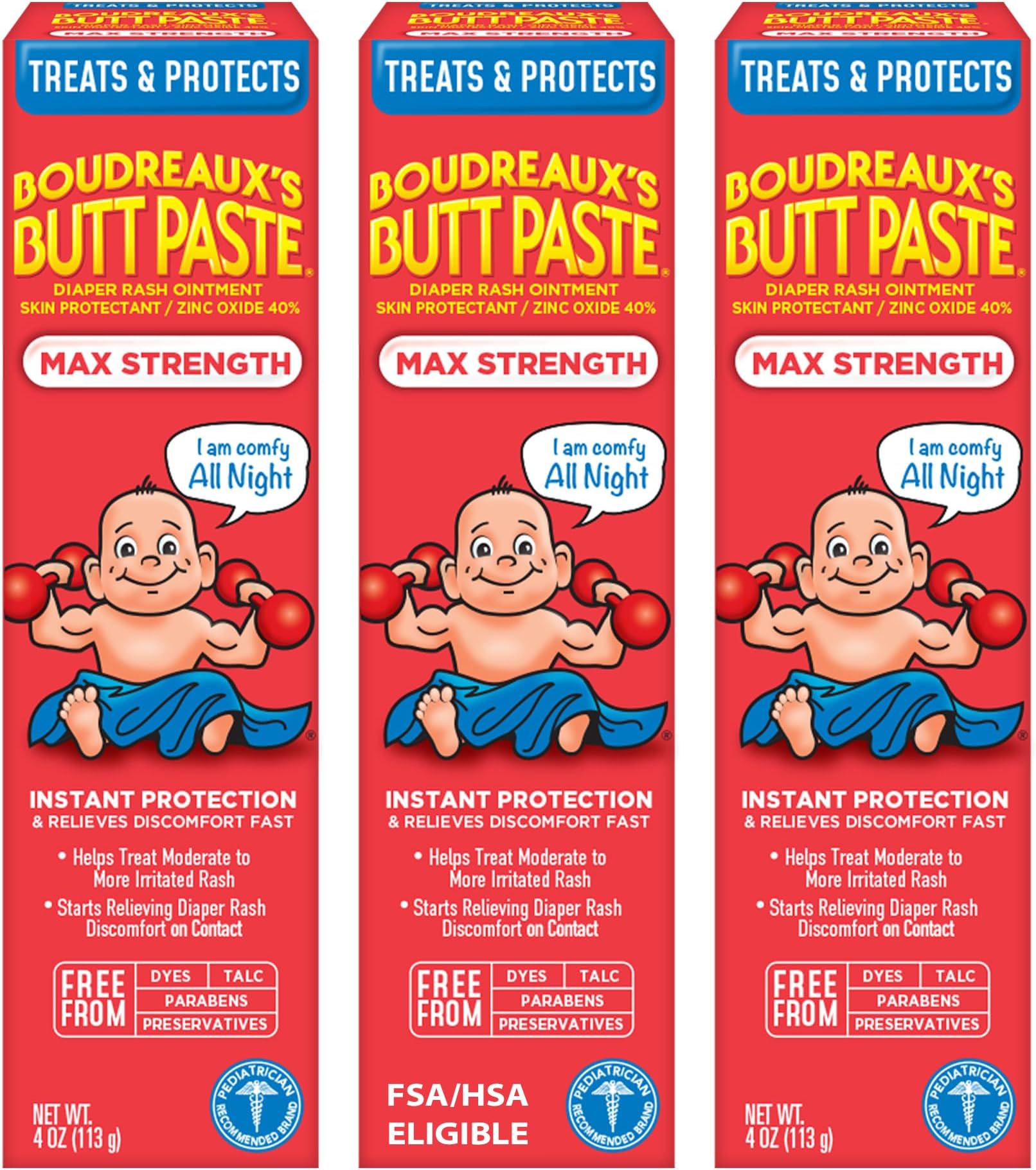 Boudreaux’s Butt Paste Max Strength Diaper Rash Cream for Baby, Ointment With Zinc Oxide, 4 oz Tubes, 3 Pack