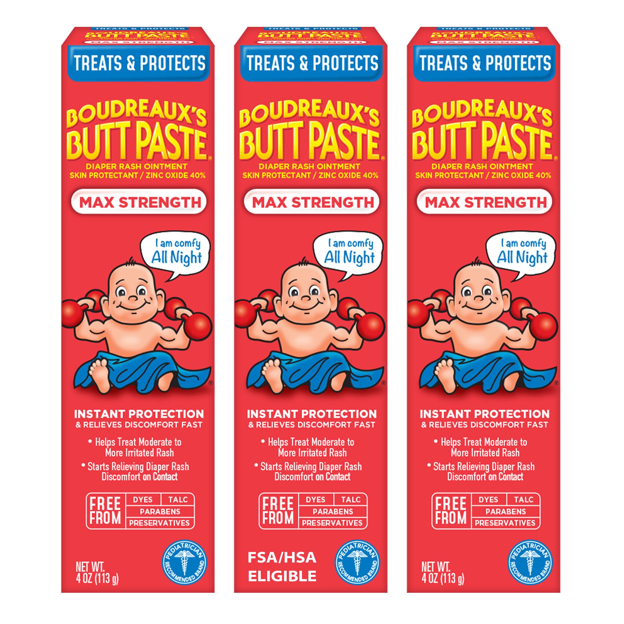 Boudreaux’s Butt Paste Max Strength Diaper Rash Cream for Baby, Ointment With Zinc Oxide, 4 oz Tubes, 3 Pack