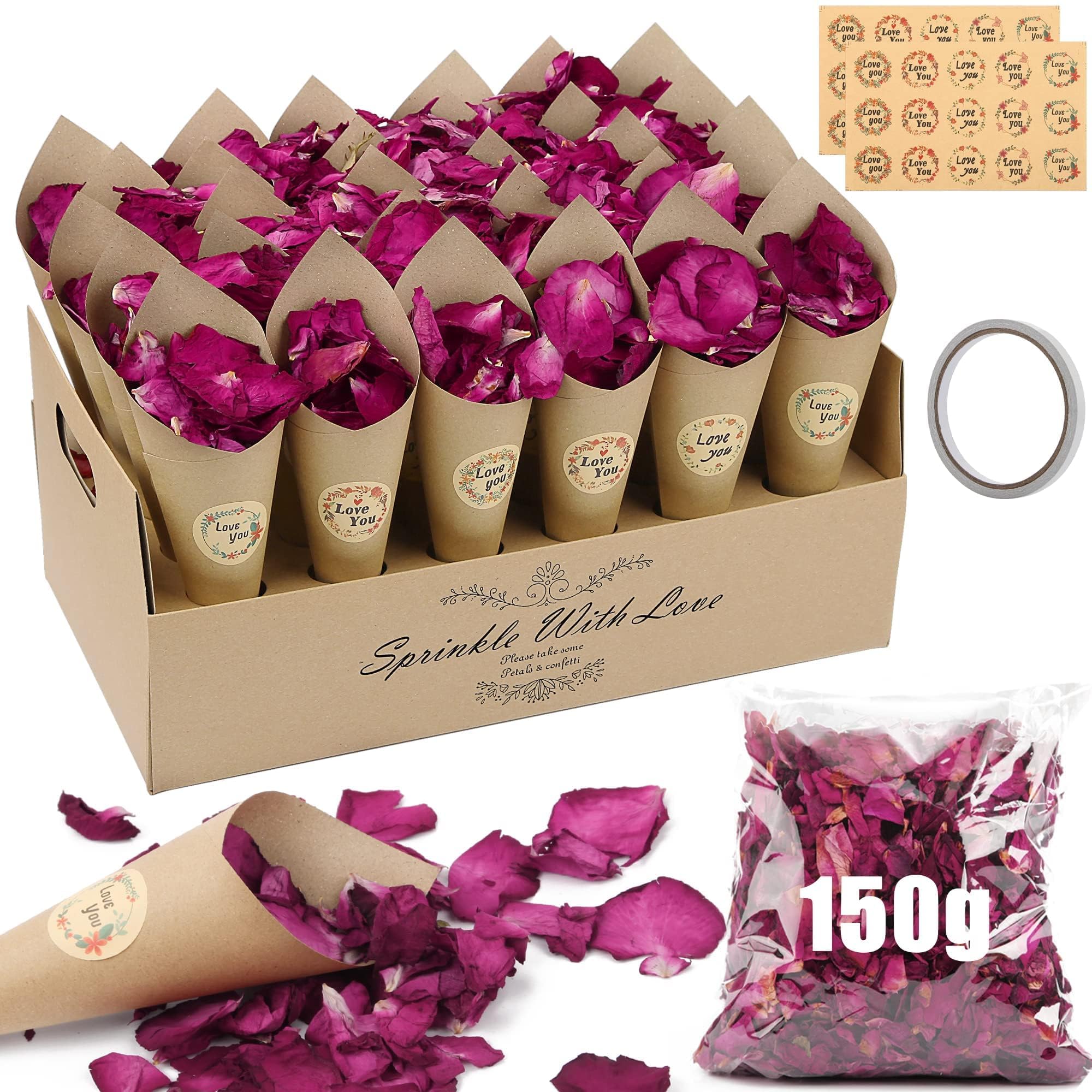 Mbsomnus Confeti para Boda Biodegradable Set - 150g Petalos de Rosa, 30 Piezas Conos Arroz, 30 Piezas Pegatinas, Soporte Conos Kraft - Decoración para Fiesta Cumpleaños Aniversario Ceremonia