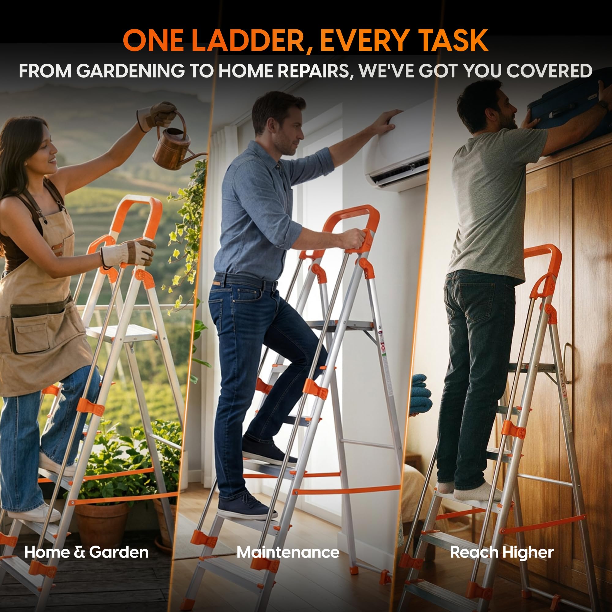 PROHOME Aluminium Ladder for Home 8 Steps Foldable with Railing & Anti-Skid Wide Steps | 8 Step Ladder for Home Use, Kitchen & Household | 270 Kg Capacity Folding Ladder | 5 Year Warranty (Orange) — Amazon image 7