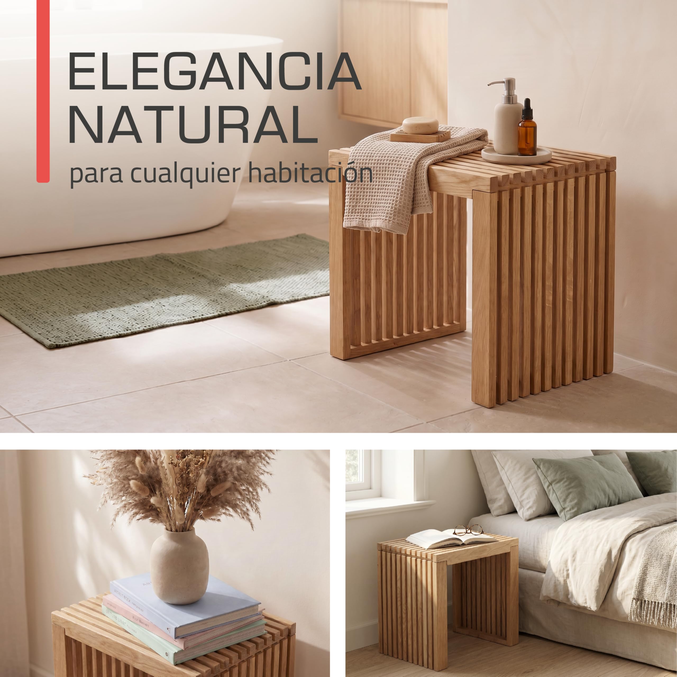 bomoe Taburete de Madera con Lamas Roble Macizo FSC® para Cocina y Baño | 45x33x43cm Estable Resistente Ideal para Recibidor Zapatero y Entrada banqueta Eichberg