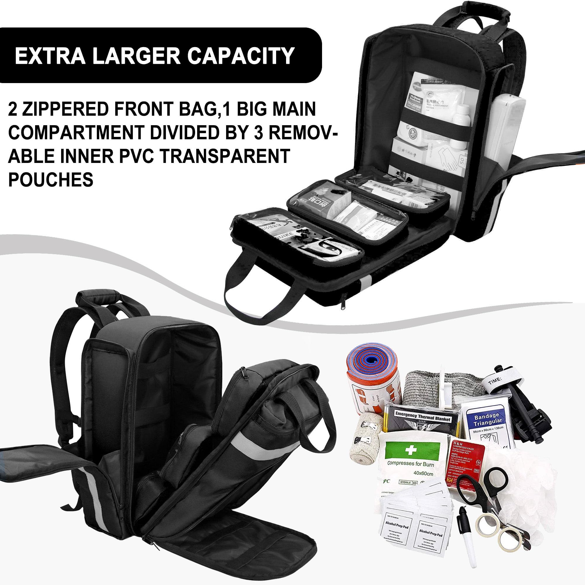 Mochila Profesional de Primeros Auxilios vacía, Bolsa médica táctica con Reflectante, Mochila médica de Primeros Auxilios de Gran Capacidad para Camping, Senderismo,(Negro)