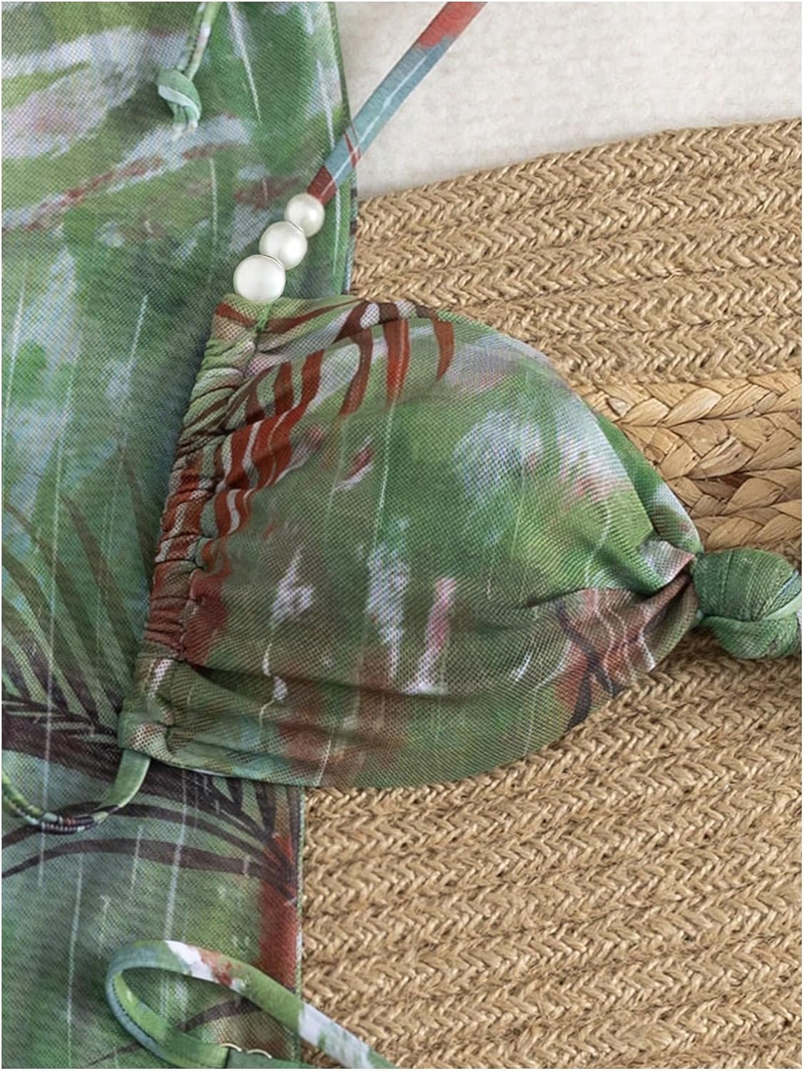 WDIRARA Women's 3 Piece Graphic Bikini Set Pearl Beaded Halter Thong Swimsuit with Cover Up Skirts - Image 4