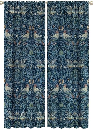 Cortinas opacas de estilo bohemio retro William Morris para ventana, diseño de pájaro pequeño, estilo vintage, con bolsillo para barra, para sala de