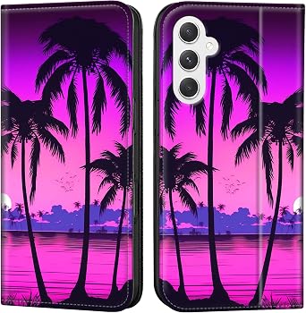 for Samsung Galaxy A25 5G Magnetic Closure Wallet Case, PU Leather Flip Folio Case [Shockproof TPU Inner Shell], RFID Blocking Case with Card Holder Kickstand,Palm Trees Sunset Tropical