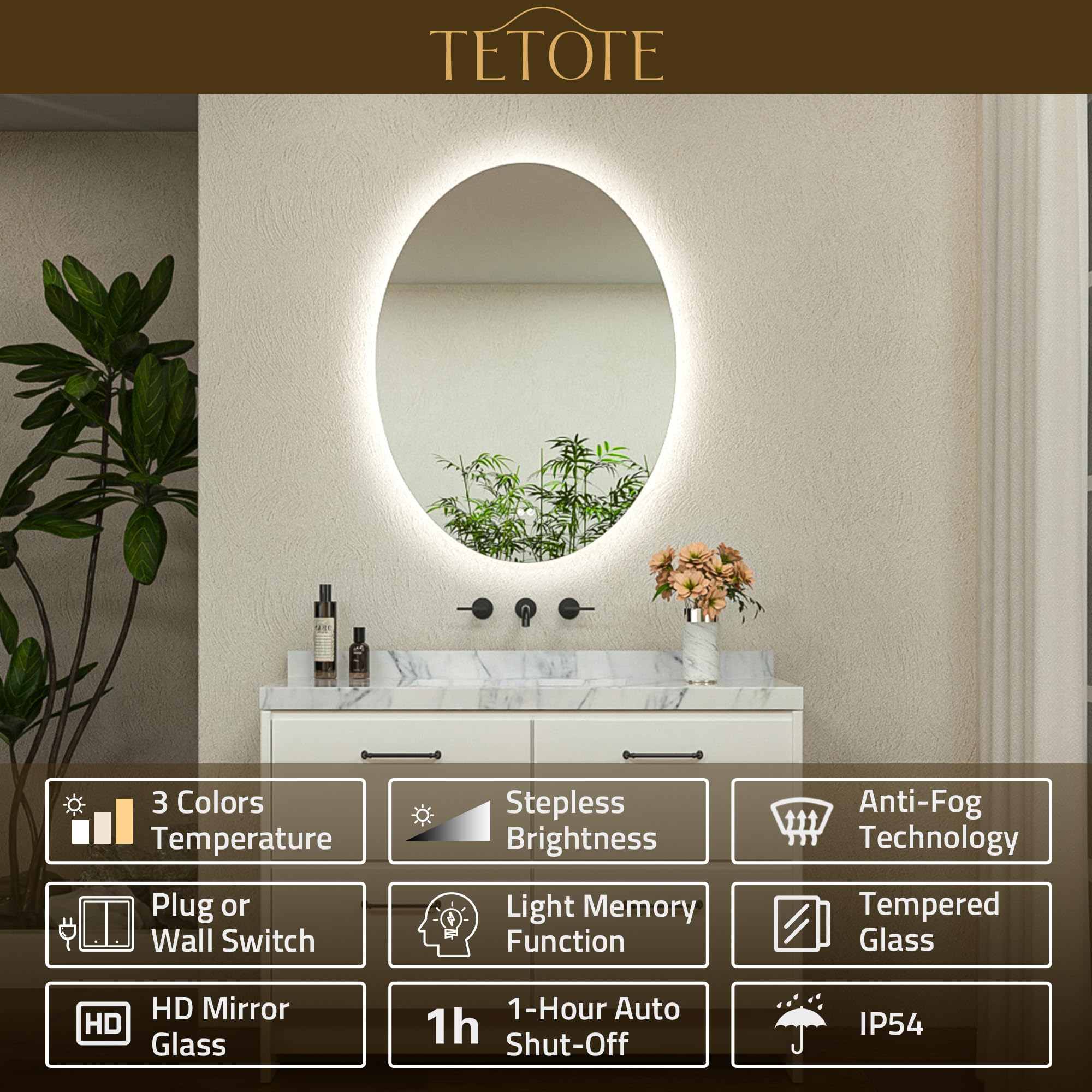 TETOTE Ovaler LED-Spiegel für Badezimmer, 22 x 30 cm, 3 Farben, weiß/warm/natürliche Hintergrundbeleuchtung, dimmbar, beschlagfrei, Kosmetikspiegel mit Lichtern für Make-up, Wandmontage, beleuchteter