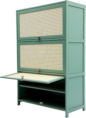 Shoe Cabinet, 7-Tier Bamboo Shoe Storage Cabinet Free Standing Shoe Rack Organizer with Removable Panels, Handles, Doors for Hallway, Entry Way,