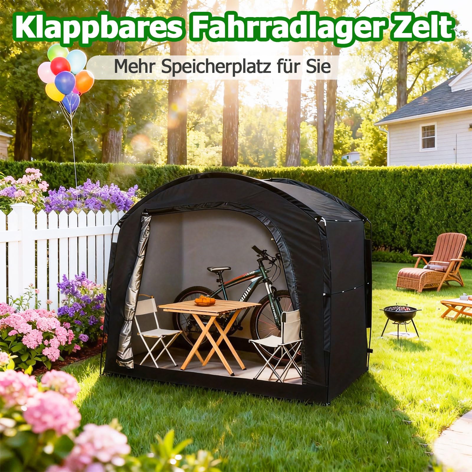 Fahrradzelt für 4 Fahrräder, 220*150*185cm Großräumiger Fahrradgarage Wasserdicht UV-beständig, Geräteschuppen für die Lagerung von Fahrrädern, Gartengeräten, Tischen und Stühlen im Freien