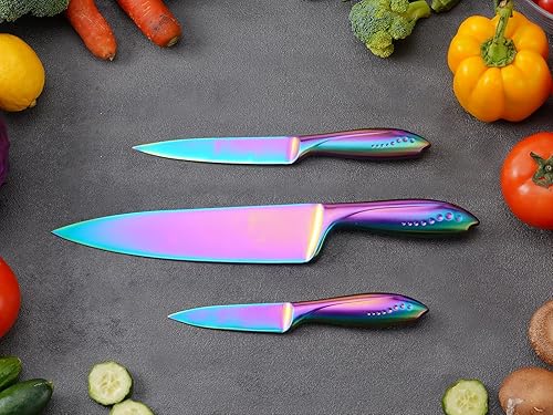 Miniatura 7 de Rainbow - Juego de cuchillos de cocina de 3 piezas, hoja de acero inoxidable alemán afilada con chef de 8 pulgadas, 5 pulgadas de utilidad, 3.5