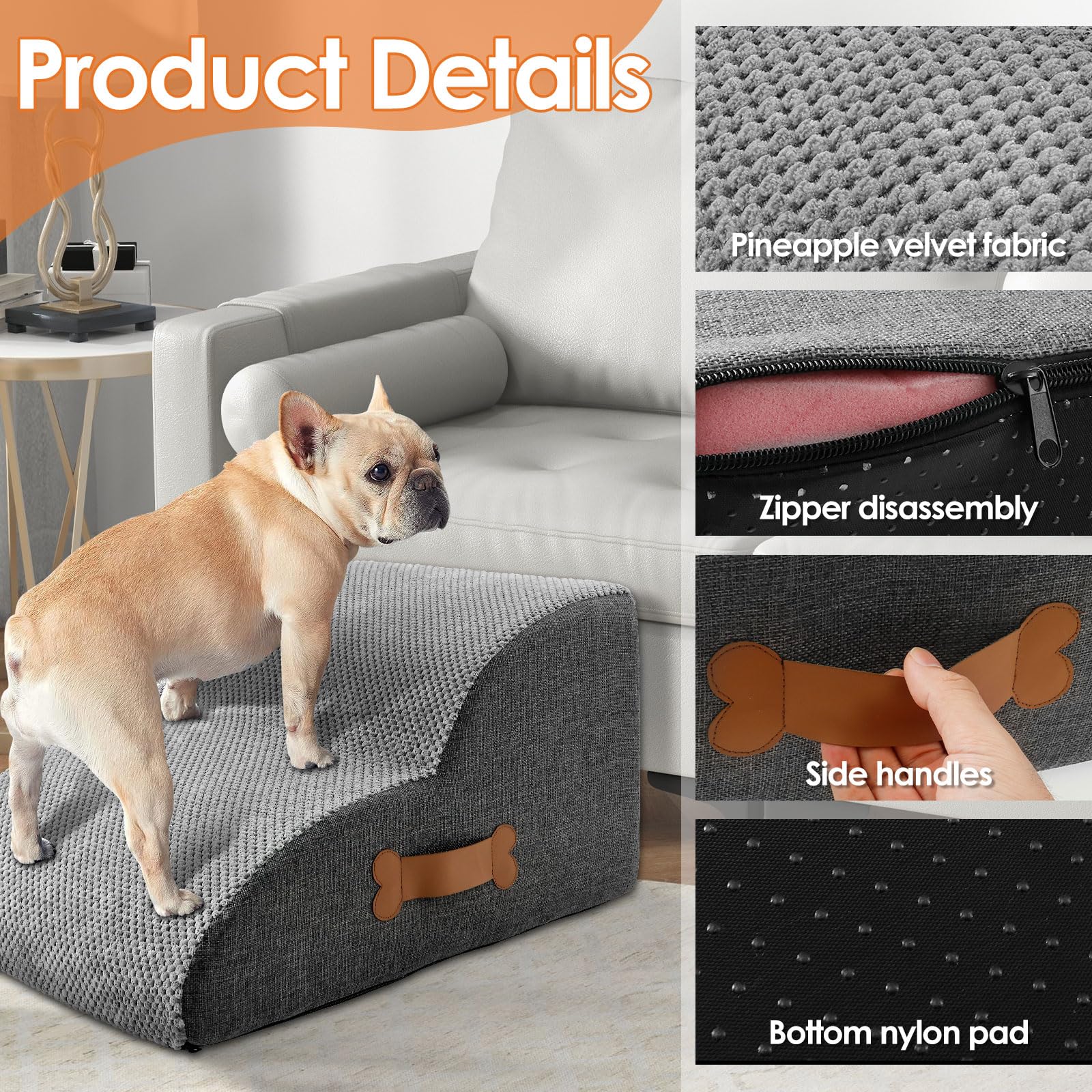 Scala per cani di piccola taglia con rivestimento lavabile e fondo antiscivolo, 55 x 34 x 40 cm, scala per animali domestici, scala a 3 livelli, rampa per cani rimovibile per letto, divano (grigio