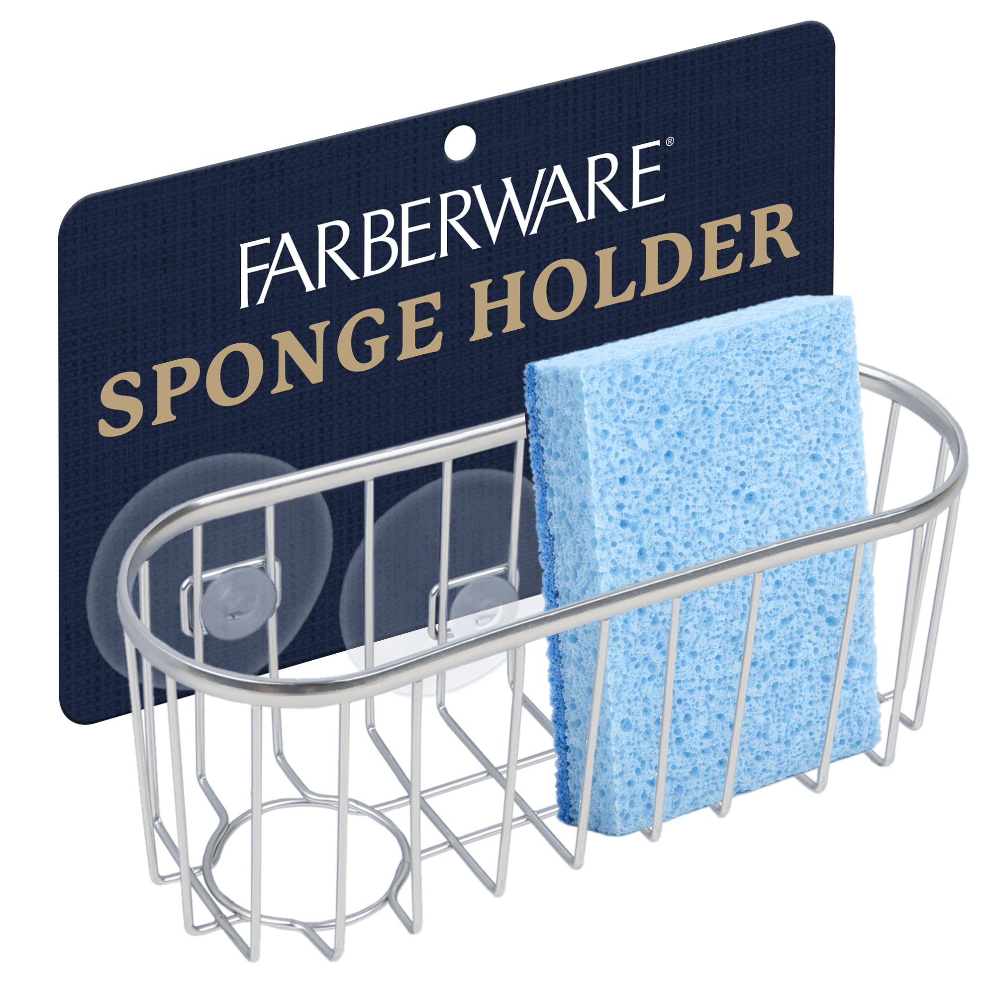 Farberware Sponge Holder for Kitchen Sink Brushed Metal Sink Caddy Organizer with Triple Suction Cups Kitchen Organizer for