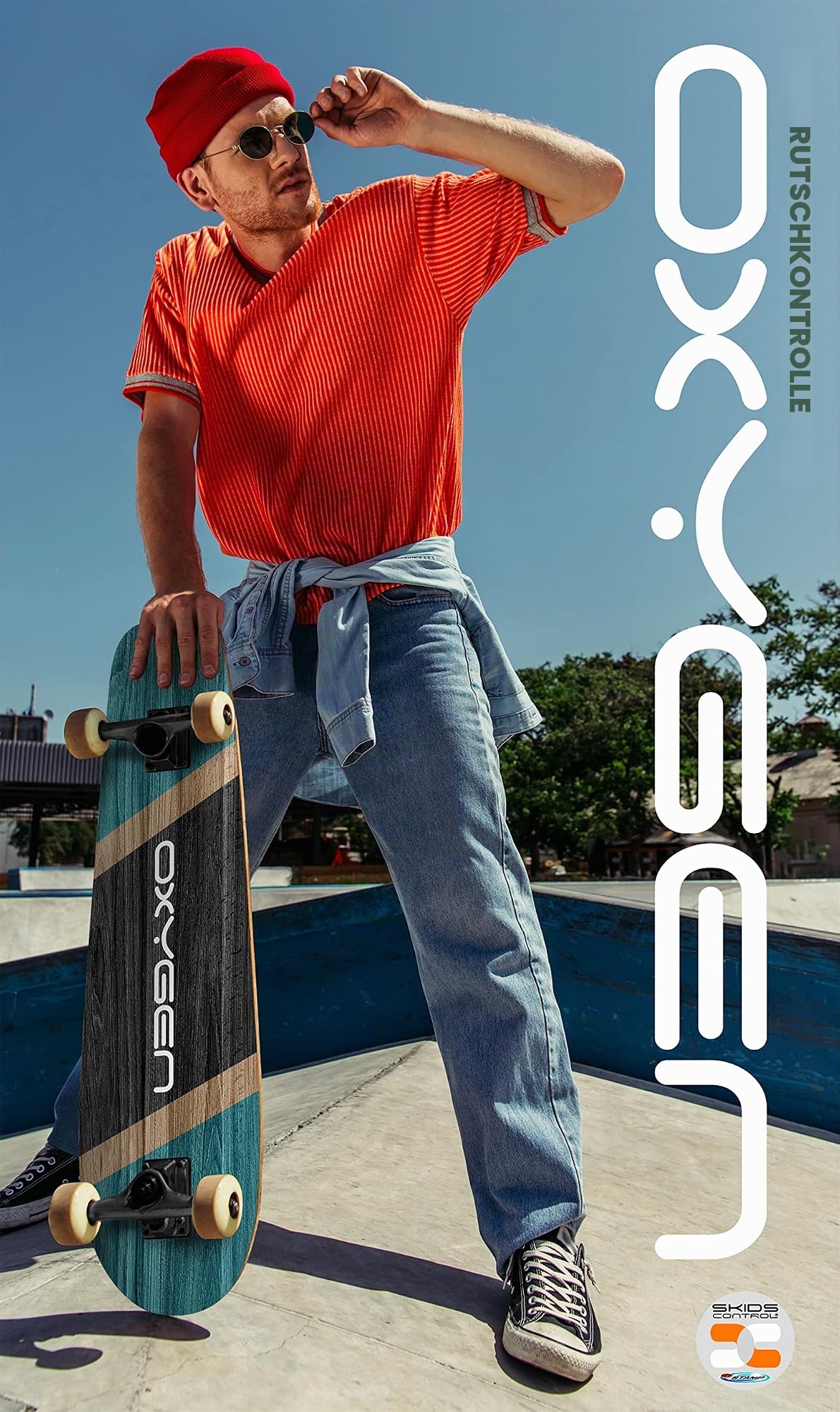 Skateboard Cruiser 27,5" x 8" SKIDS Control Oxygen, 70CM X 20CM, Blue-Black-Wood