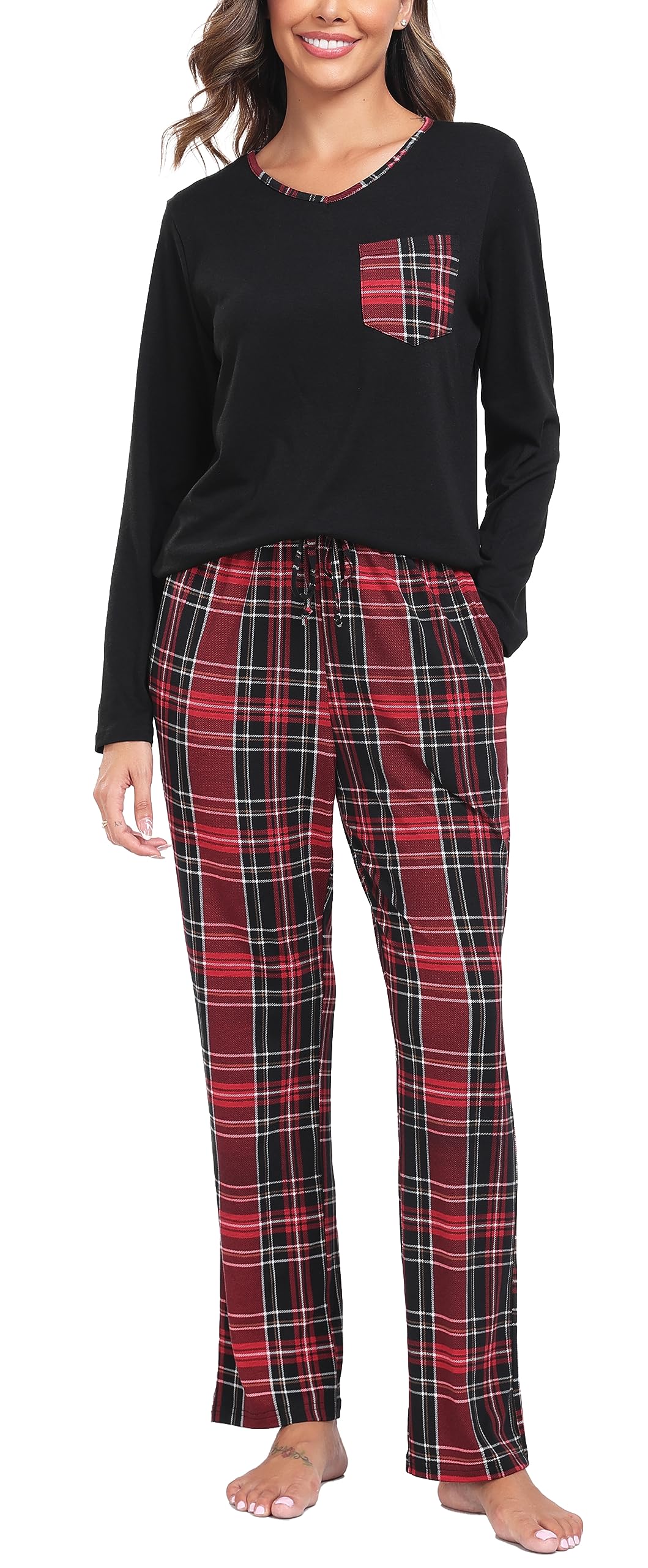 Lovasy Pigiama Donna Manica Lunga Pantaloni Lunghi Casual Scollo a V Top con Motivo a Pois Carino con Tasca Due Pezzi