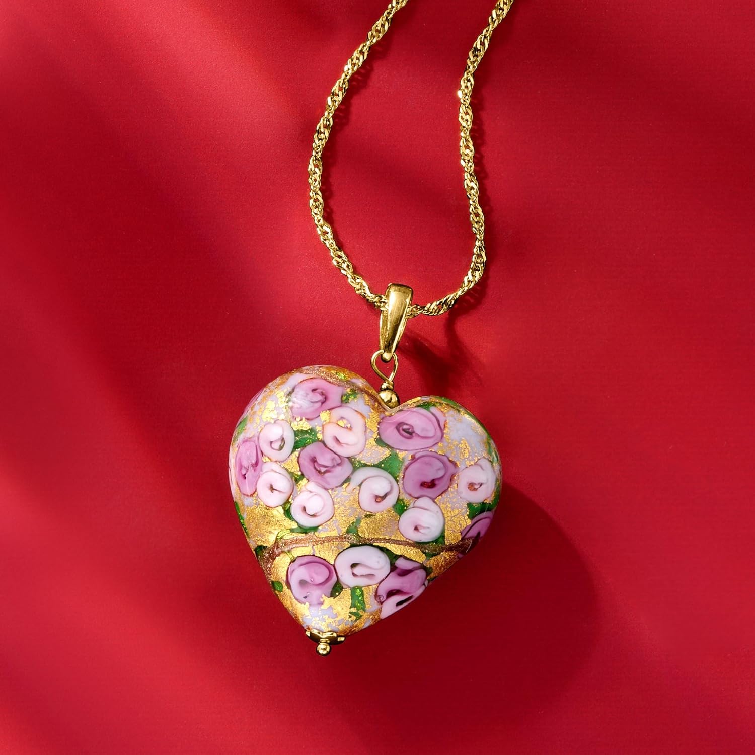 Ross-Simons Italian Multicolored Murano Glass Rose Heart Adjustable Pendant Necklace in 18kt Gold Over Sterling