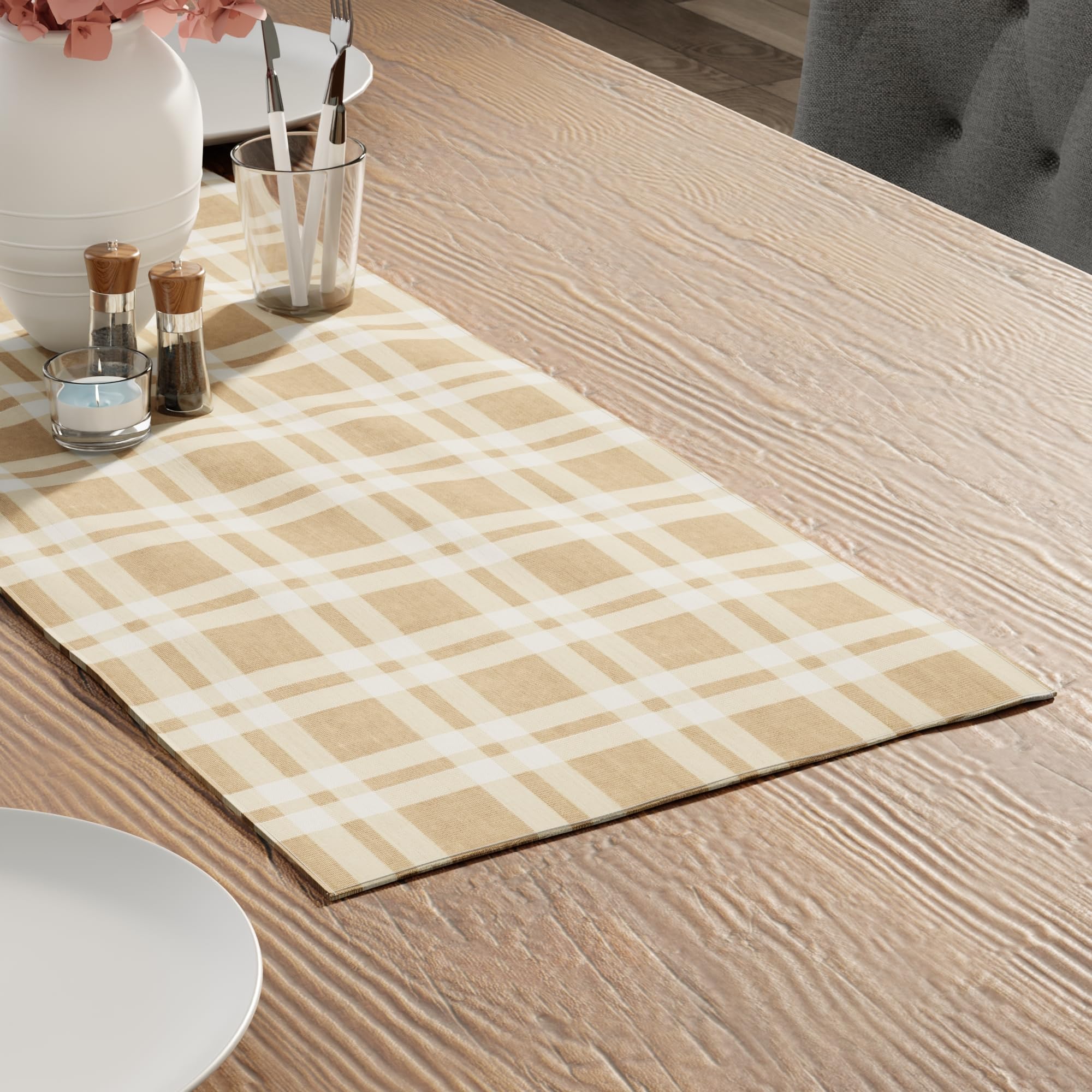 Encasa XO Cotton Dining Table Runner, Checks & Stripes 32x91 cm Beige — image 1
