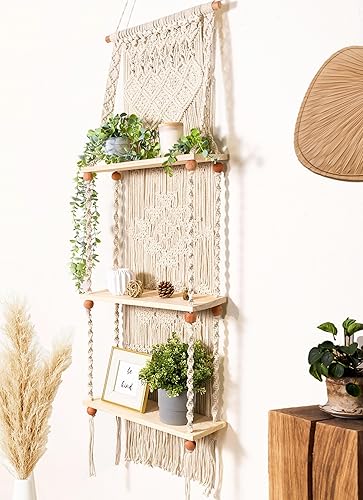Macrame Wall Hanging Shelf 3 Tier Boho Wall Plant Hanger