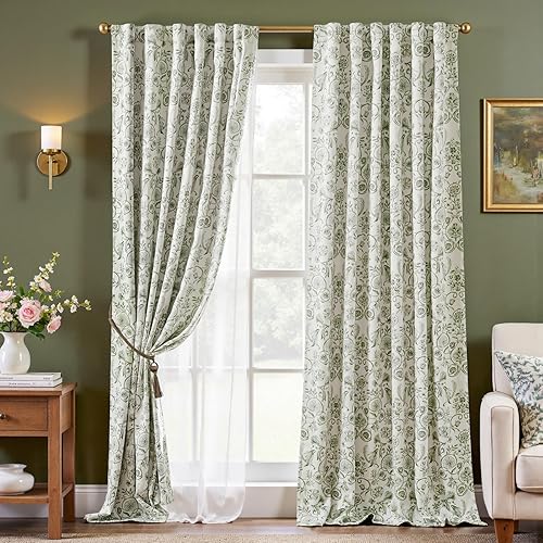 jinchan Floral Blackout Curtains for Bedroom Living Room 96 Inches Length Farmhouse Curtains Room Darkening Vintage Drapes Traditional Rod Pocket Window Treatment 2 Panels Set Sage Green on Beige