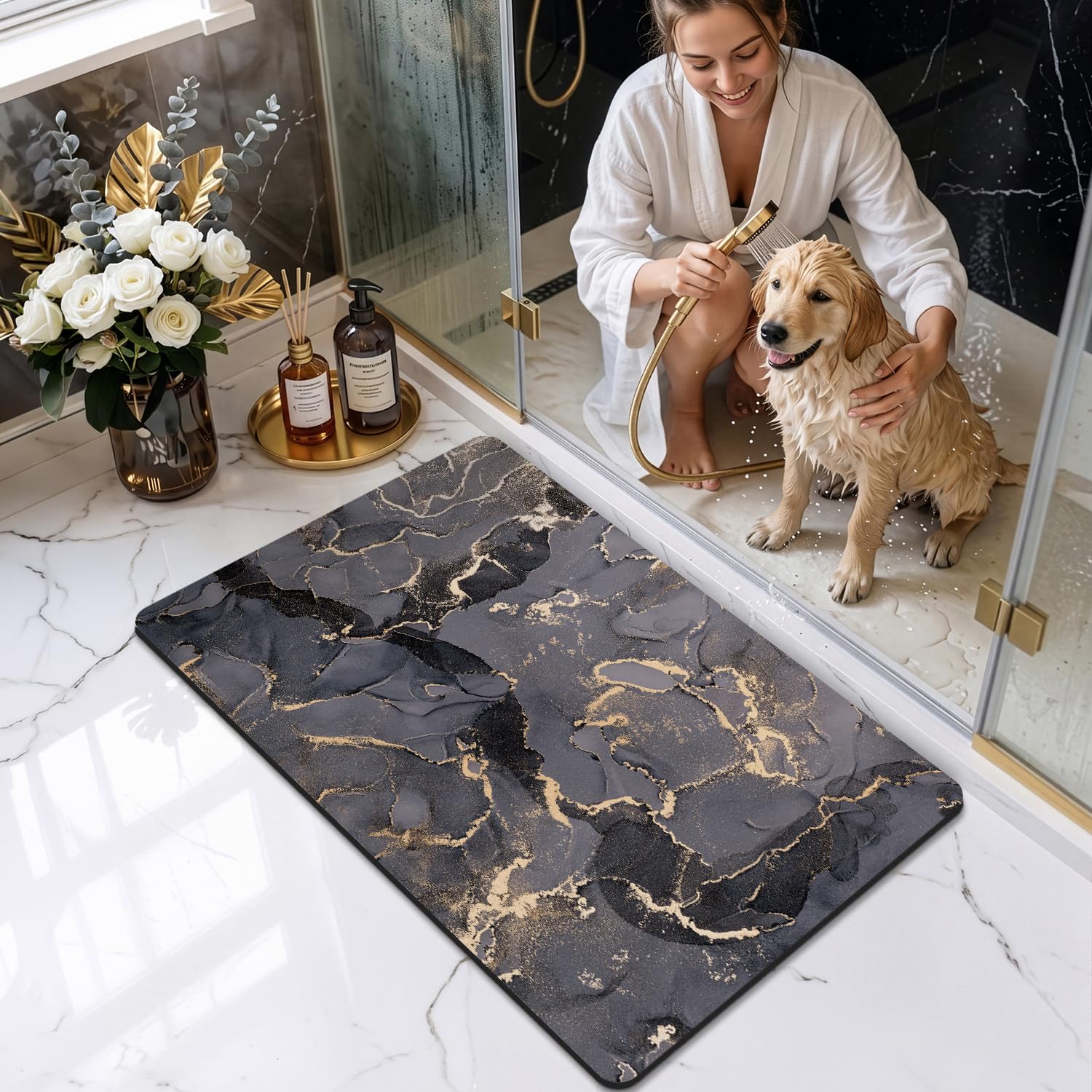 DEXI Tapis de Bain Antidérapant 60 x 110 cm, Super Absorbant, Sèche Rapide, Ultra Mince, Facile à Nettoyer, pour Portes de Salle de Bain, Baignoire, Douche, Gris foncé