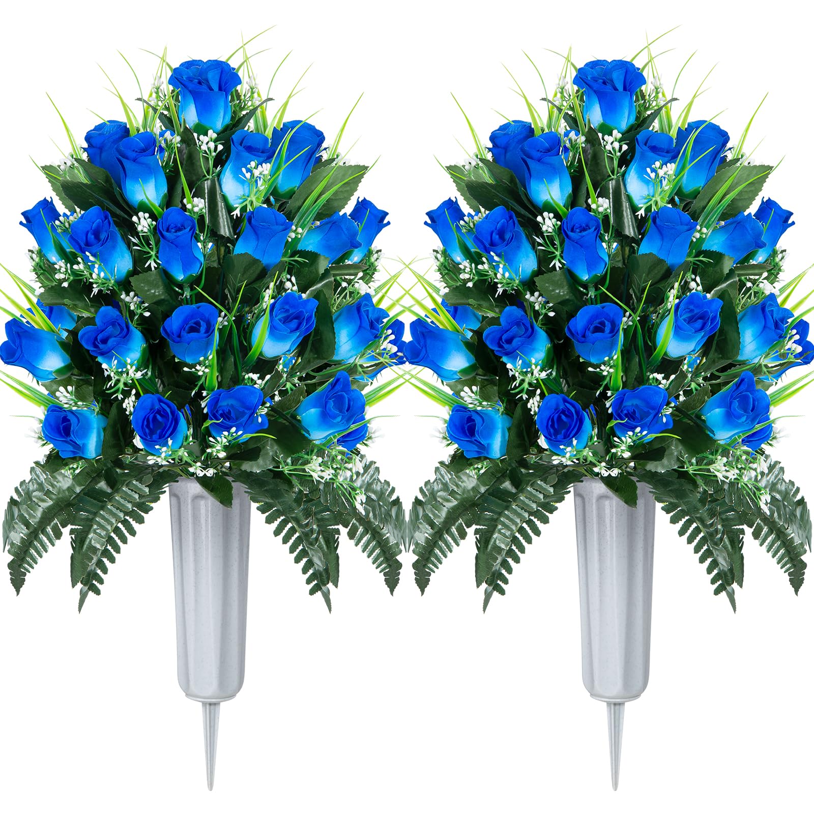 Artificial Cemetery Flowers, Grave Decorations Roses, Memorial Flowers Bouquet with Cemetery Vase, 2 Sets (Pure Blue) image 6