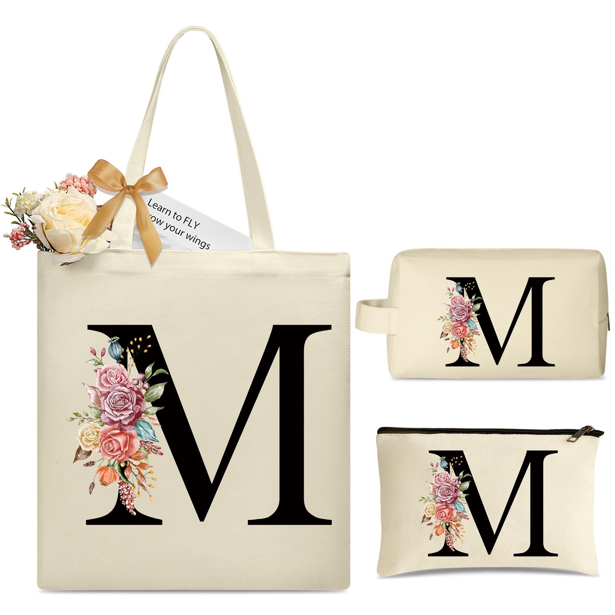 YOOLIFEInitial Canvas Tote Bag for Women 2 Makeup Bags Personalized Gifts Teacher Gifts Best Friend Birthday Gifts for Women