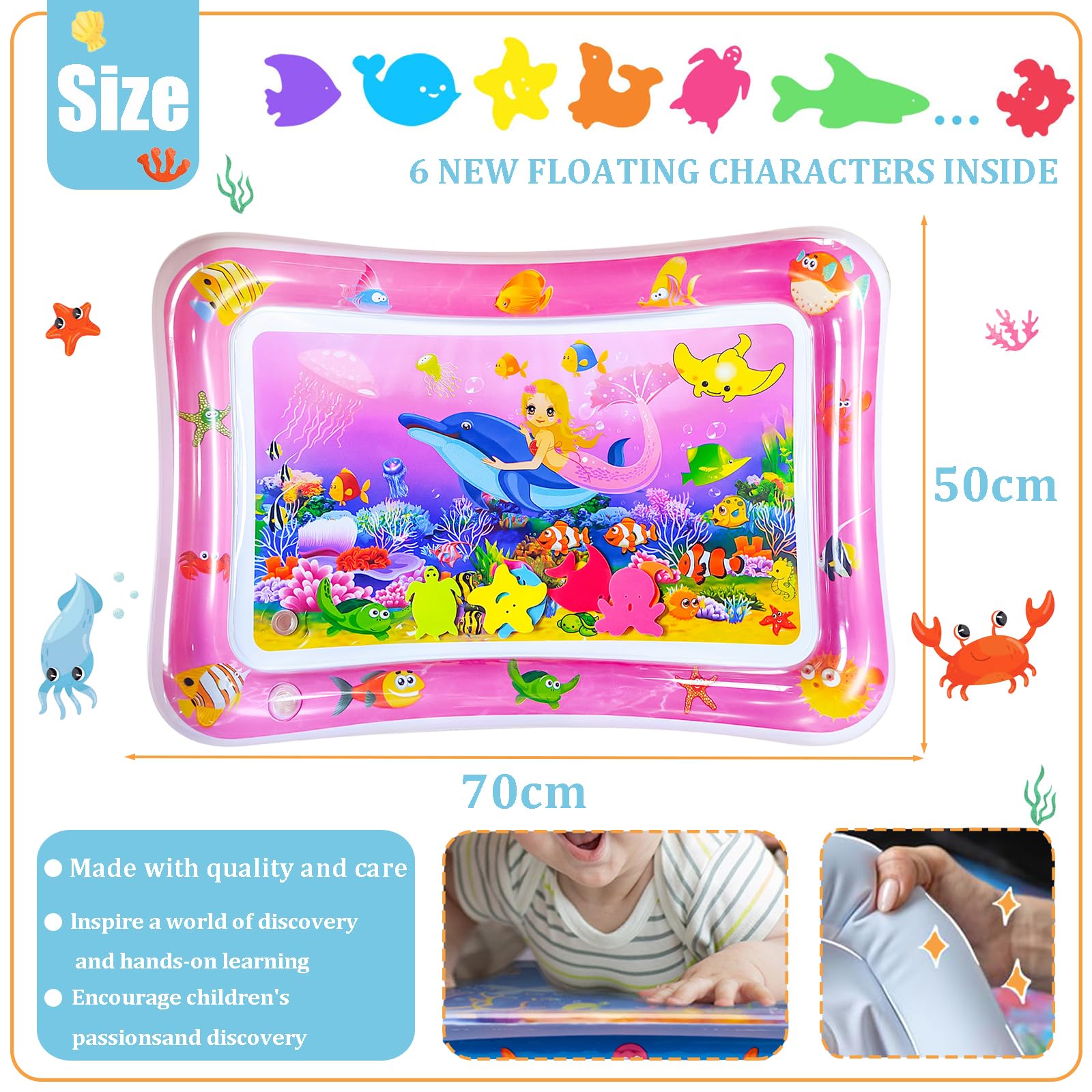 COSORO Tummy Time Mat Inflatable Water Mat for Babies,70*50cm Pink Mermaid Water Cushion Baby Inflatable Water Play Mat Sensory Toy for Infants,Toddlers Baby Toys 3-12 Months Newborn Girls Boys Gifts - Image 2
