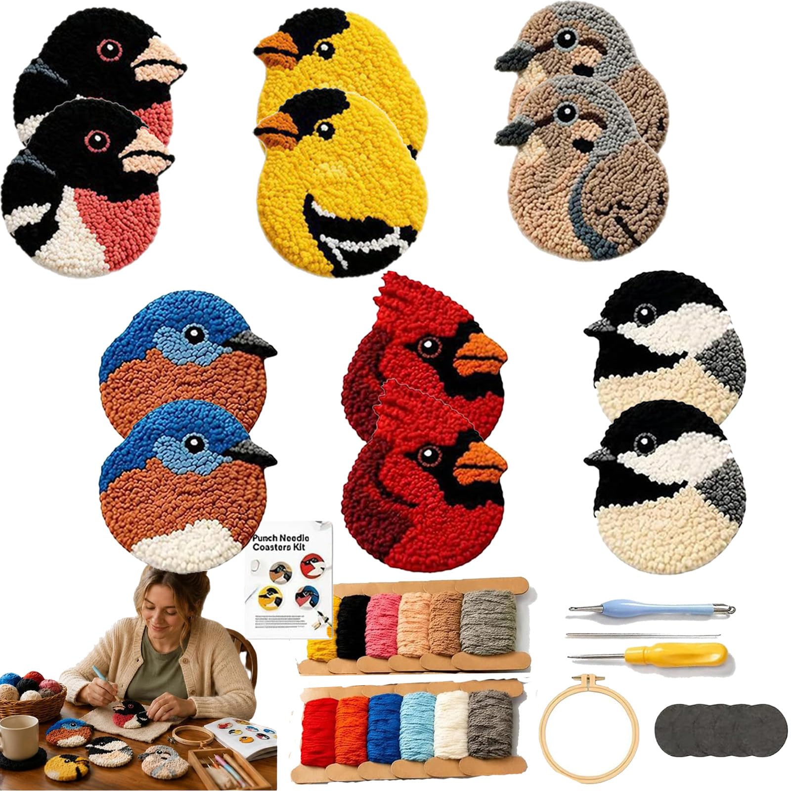 fjaldjfu 6Pcs Woodland Bird Punch Needle Coaster Kit, Pre Printed Fabric Yarn Hoop Needle Tools, DIY Bird Coasters Punch Needle Kit for Adults Kids Beginners Birthday Holiday Stress Relief Gifts (12)