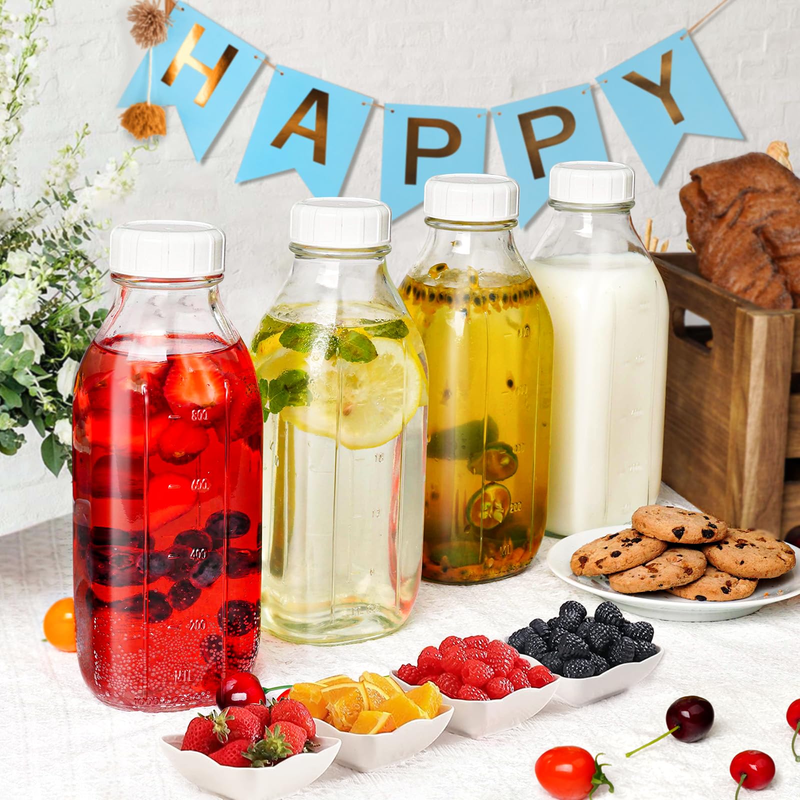 Liter Glass Milk Bottles w 100% Airtight Heavy Duty Screw Lid - 6 Pack 32 Oz Drinking Jars - Food Grade Glass Bottles for Milk, Honey, Jam - Dishwasher Safe(Extra 2 Lids and Stickers Included)