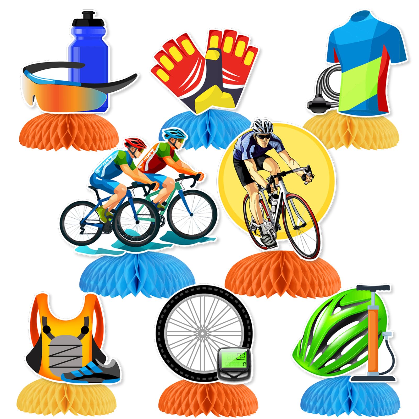 SHADOAMP Bike Party Decorations 8pcs Bicycle Theme Honeycomb Centerpiece Double-Sided Printing Table Decorations for Biker Cyclist Cycling Bike