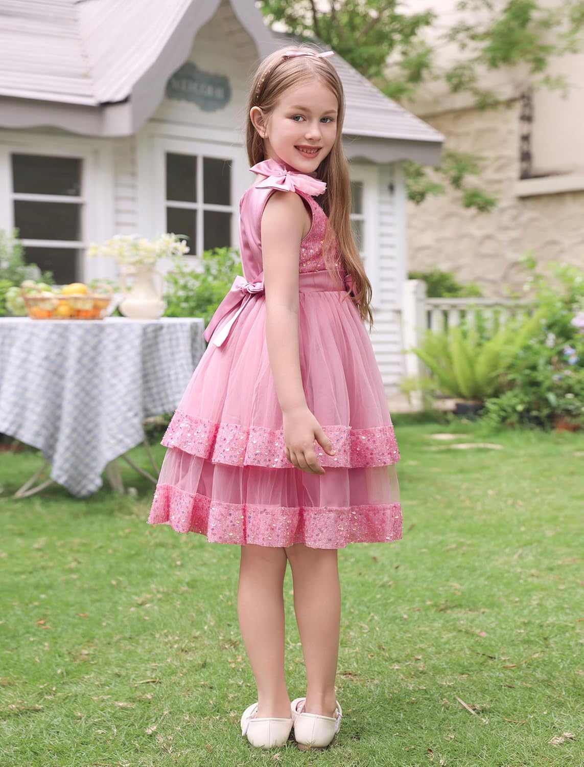 OBEEII Birthday Dress for Toddler Girl Sequins Pageant Tulle Tutu Dress Bowknot Princess Baptism Wedding Flower Girl Gown