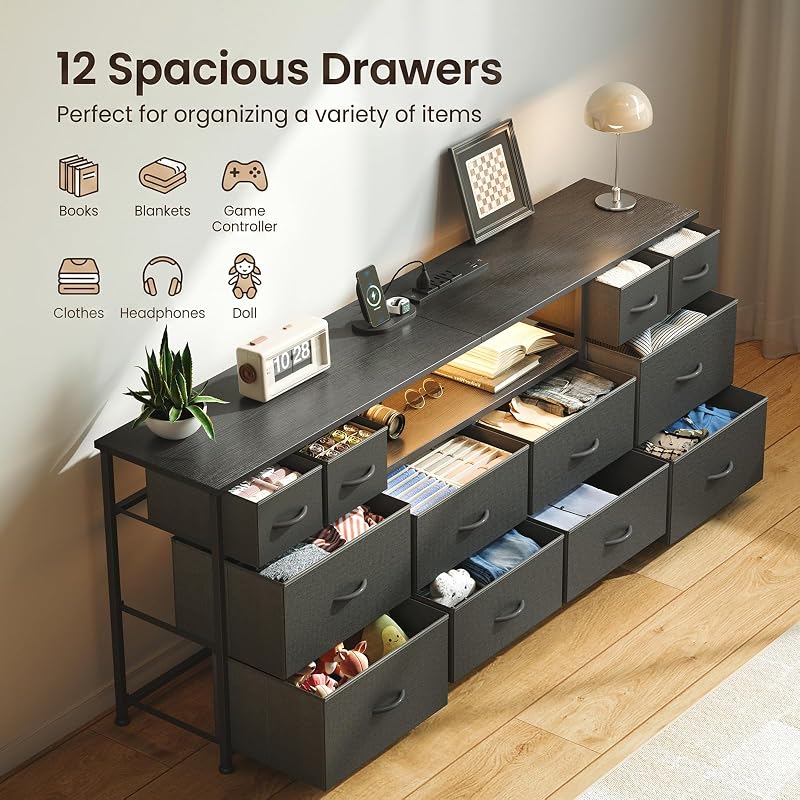VERMESS 63 Inch 12 Drawers Long Dresser for Bedroom, Chest of Drawers, TV Stand with LED & Power Outlets, Entertainment Center with Storage Shelves, TV Unit for Living Room, for 65, 70 Inch TV, Black image 6