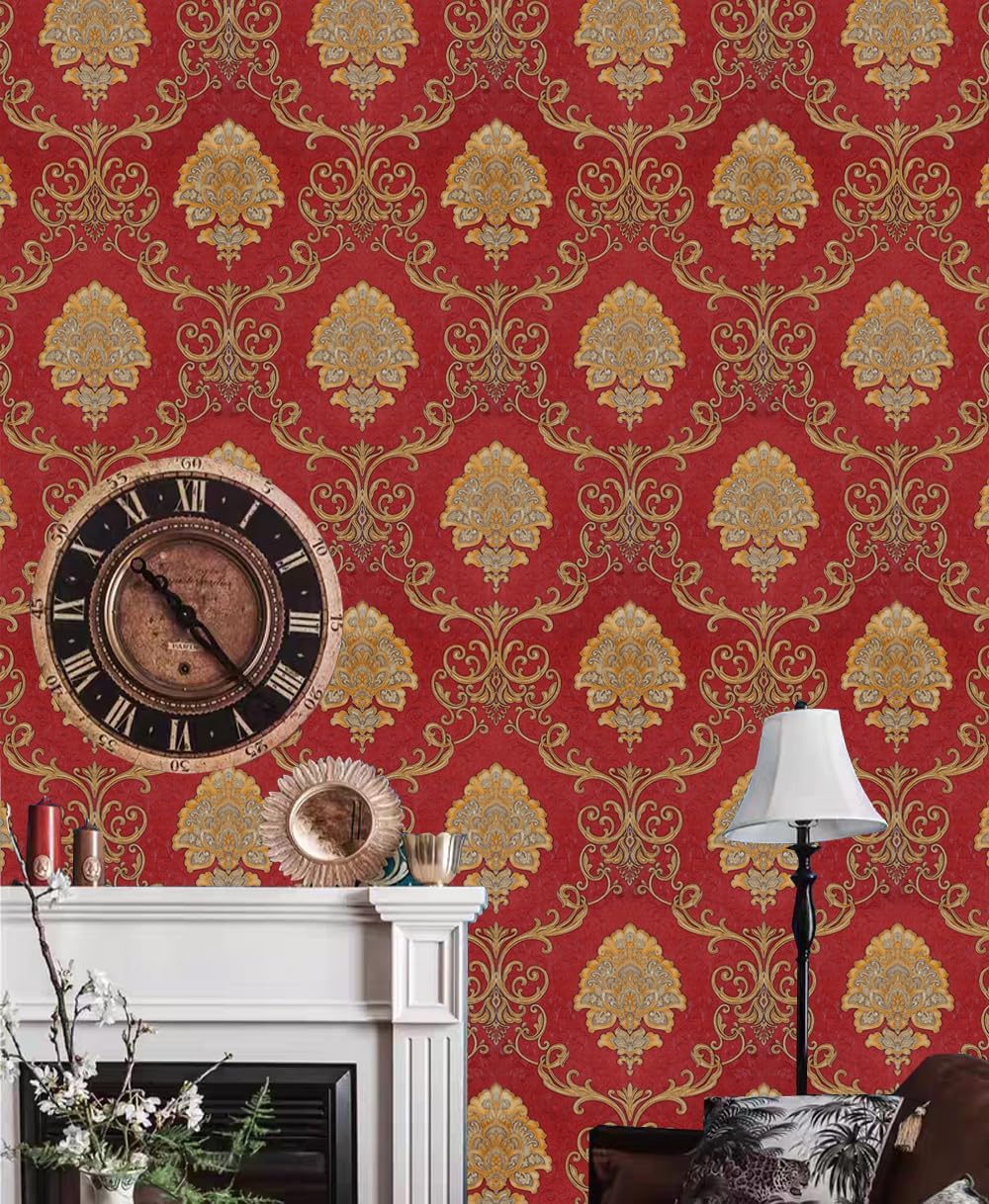 9.5X0.53M 6 Colors Luxury Gold Damask Waterproof Embossed Textured PVC Wallpaper Murals Roll for Bedroom Livingroom 1.73' W x 31.2' L=5.035㎡ (54sq.ft) (Red)