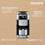 SEVERIN Cafetière avec broyeur intégré 1 000 W, Machine à café programmable avec minuteur, Cafetière filtre avec verseuse isotherme d'une contenance de 8 tasses, Noir/Inox, KA 4814 - 4