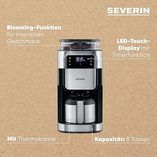 SEVERIN Cafetière avec broyeur intégré 1 000 W, Machine à café programmable avec minuteur, Cafetière filtre avec verseuse isotherme d'une contenance de 8 tasses, Noir/Inox, KA 4814 - 4