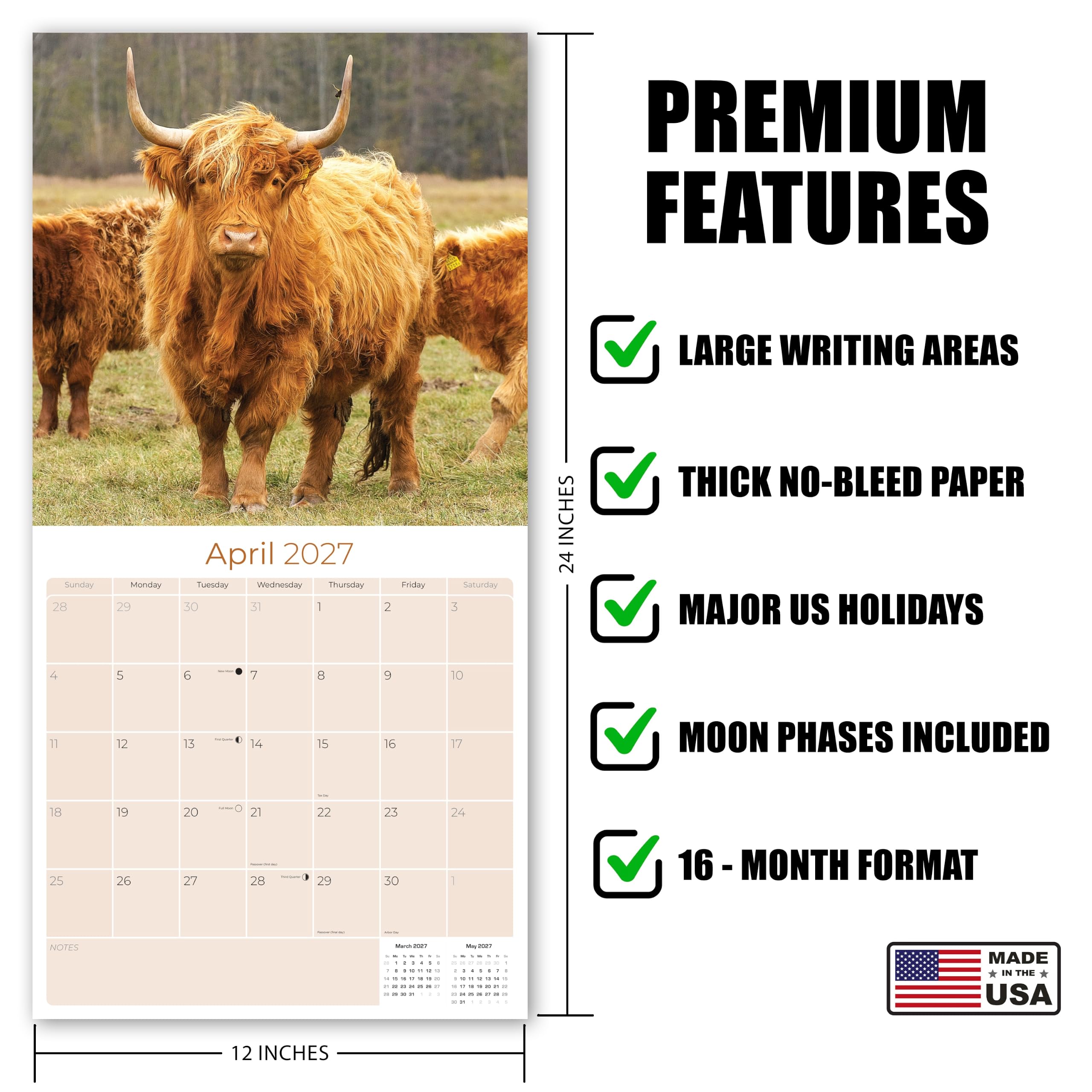 Monats-Wandkalender 2024 2025 Hochlandkühe – Wildtierkalender – 30,5 x 61 cm offen – dickes Papier ohne Blutung – Geschenk – akademischer Lehrerplaner Kalender Organisations- und Planungskalender