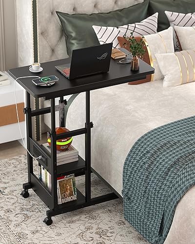 Miniatura 9 de Mesa auxiliar de altura ajustable con estación de carga, mesa lateral móvil para laptop en forma de C con ruedas, mesa de sofá de 3 niveles con