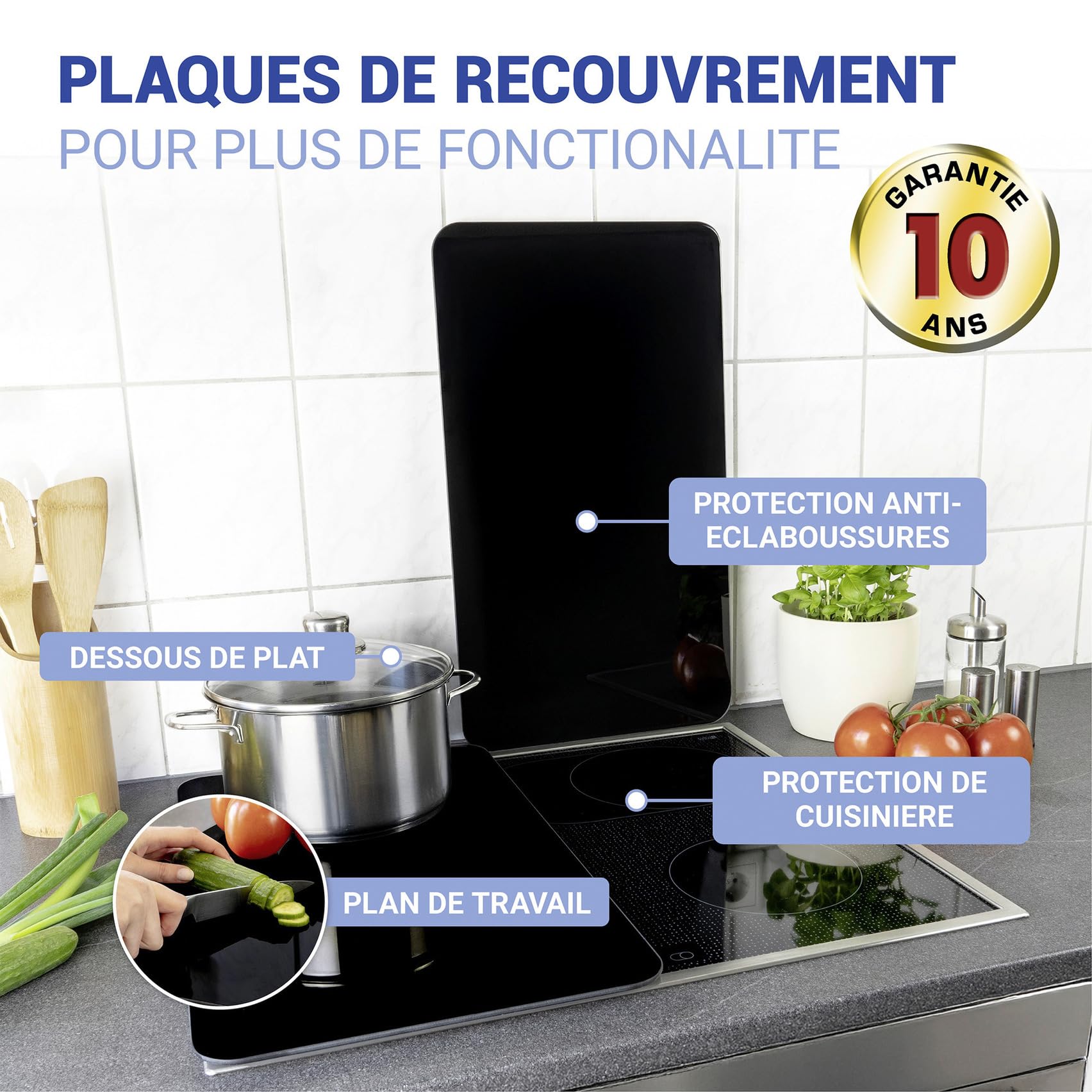 WENKO Plaque de Recouvrement Universelle Mod. Noir, réglable en Hauteur pour Tout Type de cuisinière, Planche à découper et Protection Anti-éclaboussures, Verre, 30 x 52 cm, 2 pièces
