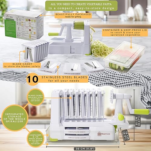 Miniatura 7 de Brieftons 10-Blade Vegetable Spiralizer: Strongest-Heaviest Duty Spiral Slicer, Best Veggie Pasta Spaghetti Maker for Low Carb/Paleo/Gluten-Free