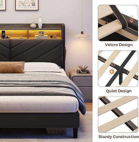 Miniatura 7 de Base de cama de terciopelo de tamaño matrimonial con cabecera ergonómica, plataforma tapizada con luz LED y estación de carga, soporte de listones