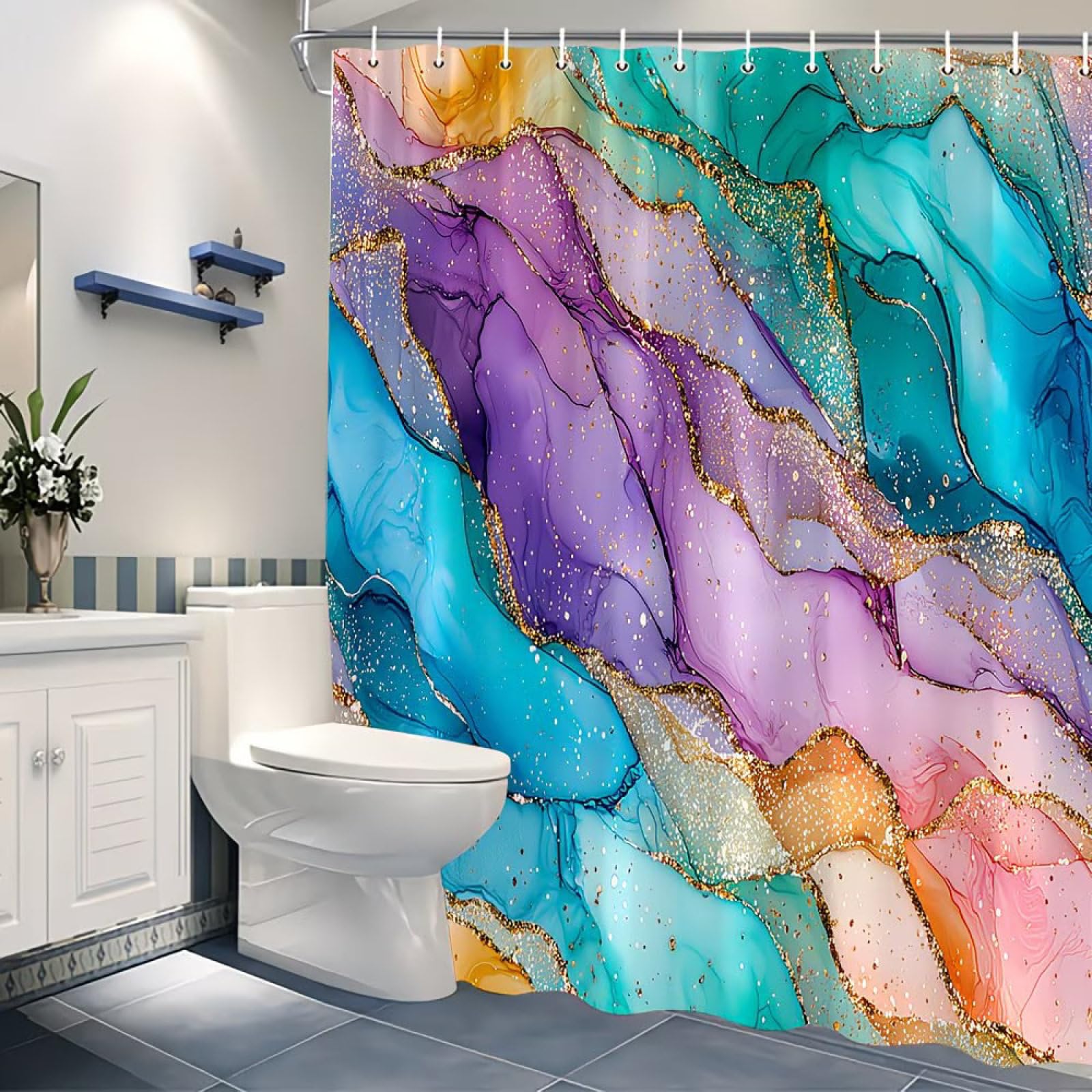Shower Curtains Green Purple Marble Wet Room Shower Curtain Mould Proof Resistant Waterproof Polyster Fabric Washable with 12 Hooks Garden Bathroom Curtains (180x200cm)