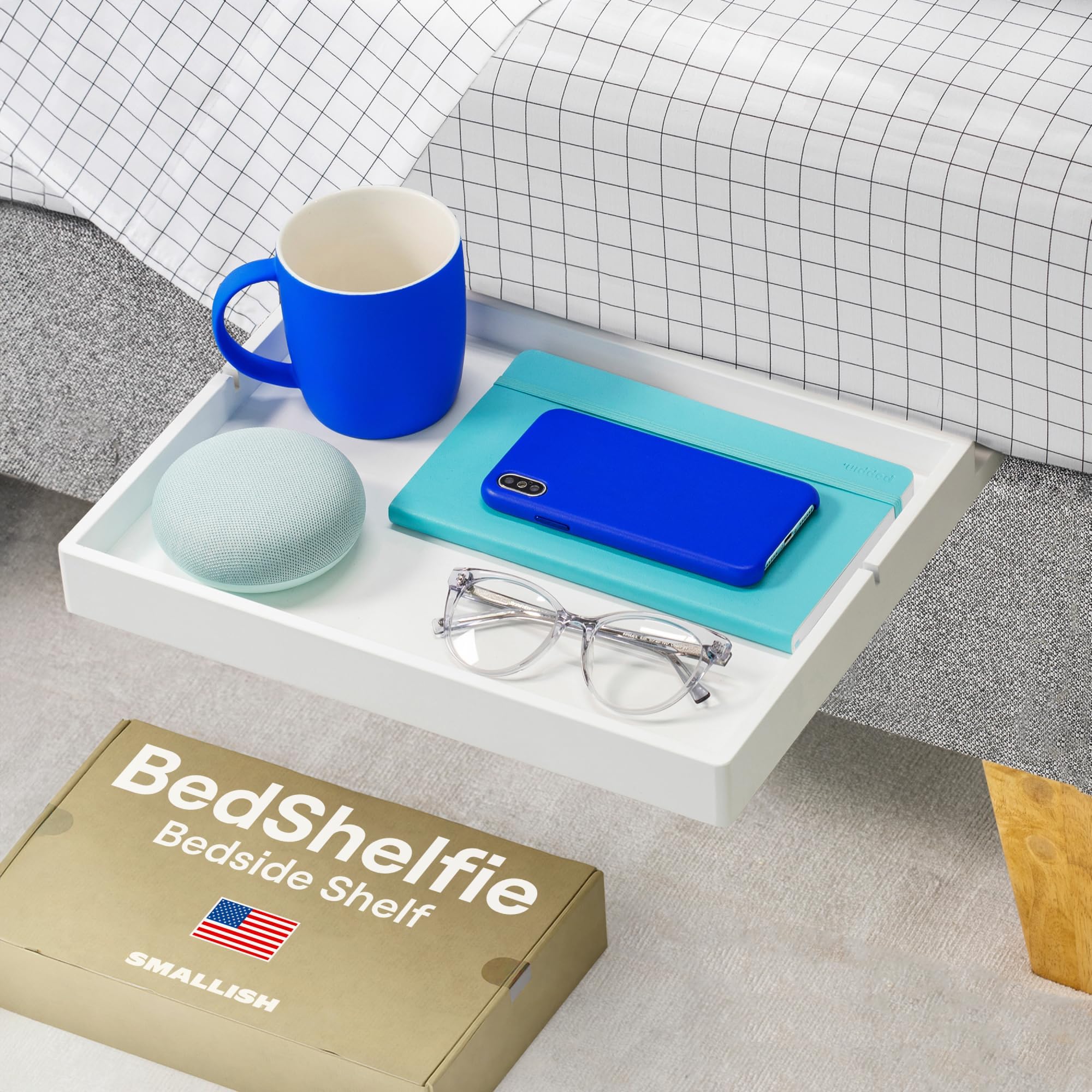 Bedshelfie Bedside Shelf for Bunk Bed & Top Bunk, College Dorm Room Essentials, Loft Bed Accessories, Clip On Nightstand Snack Organizer, Floating Bed Side Table Tray Shelfie Storage- White Wood Slide