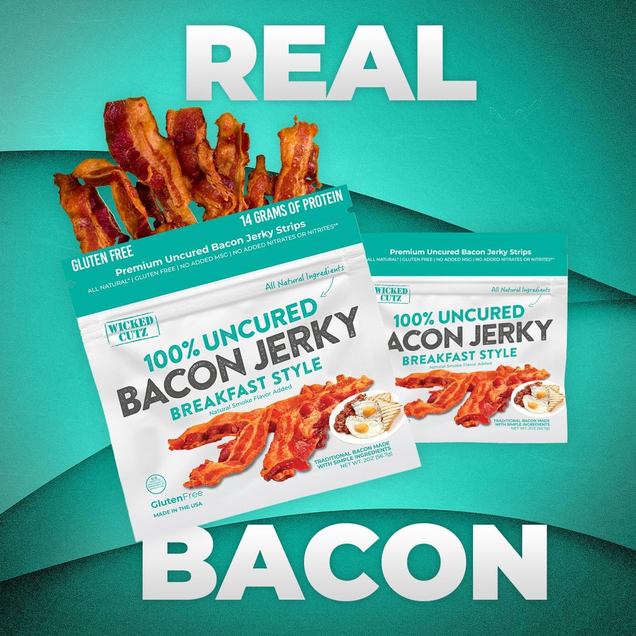Breakfast Style Bacon Jerky, Protein Per Bag, Tender & Easy to Chew Fully