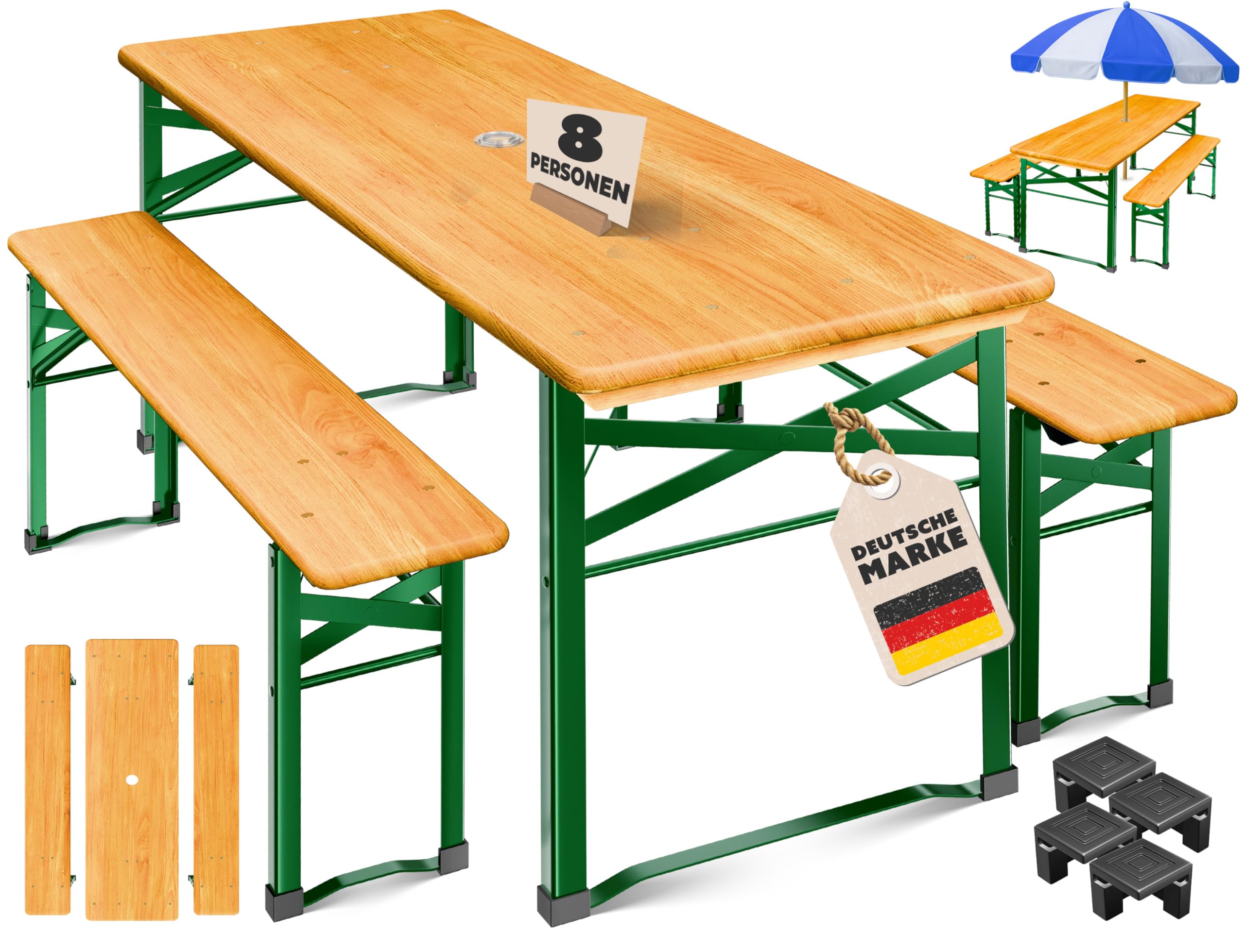 KESSER® Bierzeltgarnitur 3-TLG., Festzeltgarnitur klappbar, Biertisch mit 2 Bierbänken, Gartenmöbel Set Holz, Partygarnitur, Sitzgarnitur, wetterfest, stabil, 170x46x75cm, 12-TLG. Bodenschoner