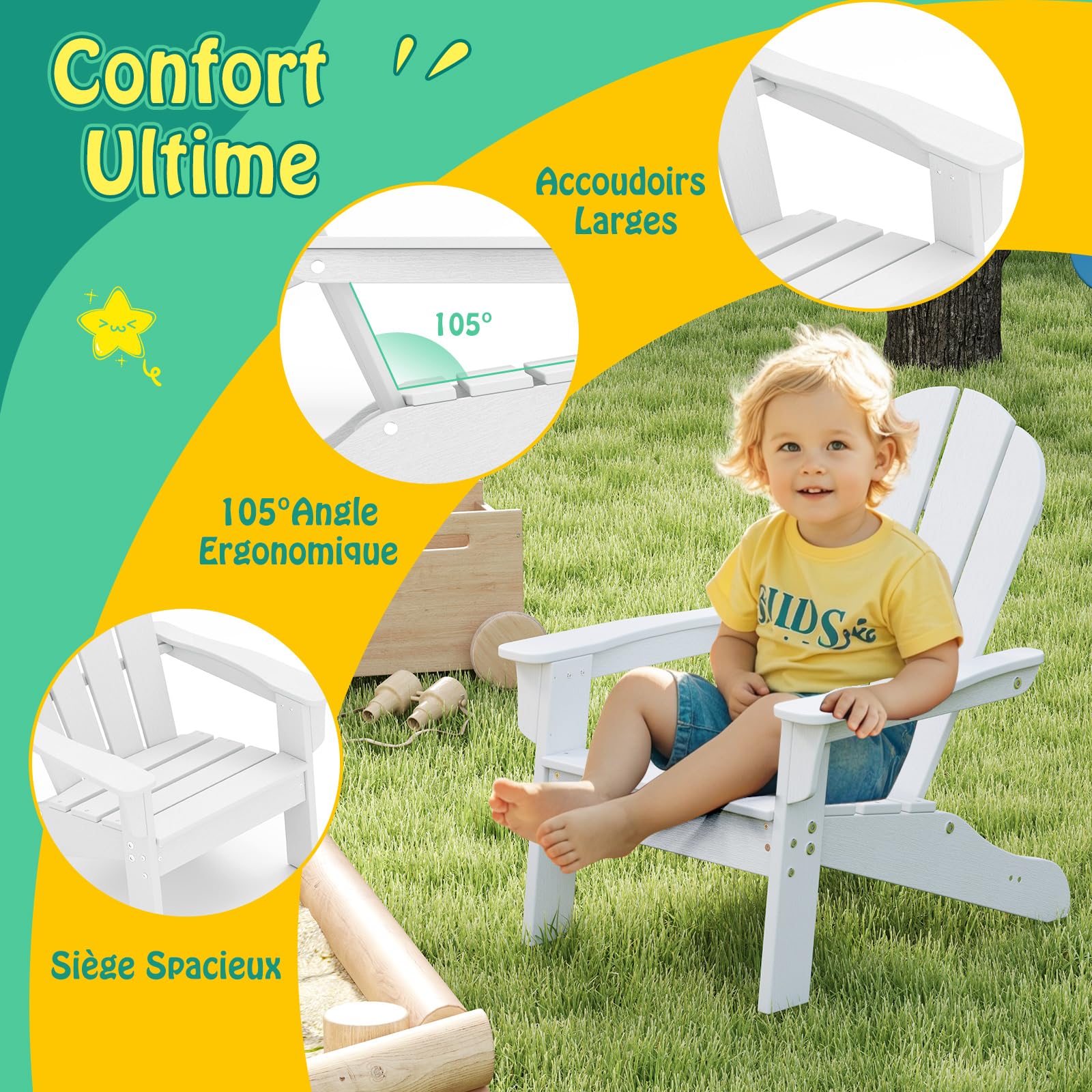 COSTWAY Chaise Adirondack de Jardin Enfant en HDPE avec Design Ergonomique 105°, Fauteuil de Jardin Extérieur avec Accoudoirs & Siège à Lattes, Charge 75kg pour Enfant de 3-8 Ans (Blanc)