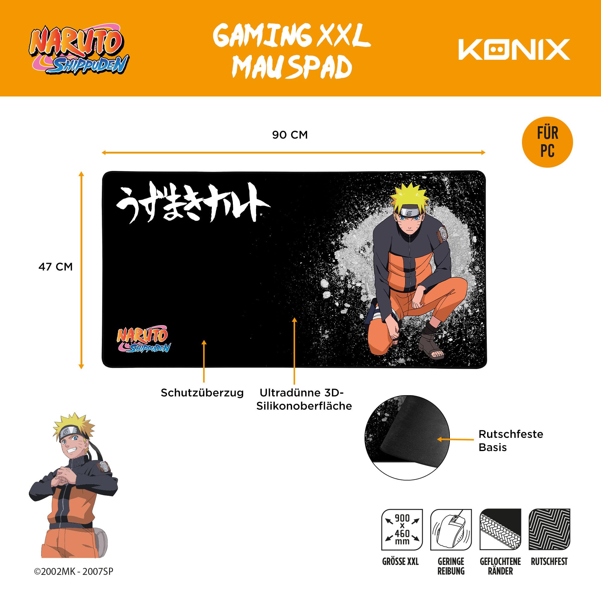 Konix Naruto Shippuden XXL Gaming-Mauspad 90 x 46 cm - rutschfeste Gummibasis - Naruto-Motiv - Schwarz