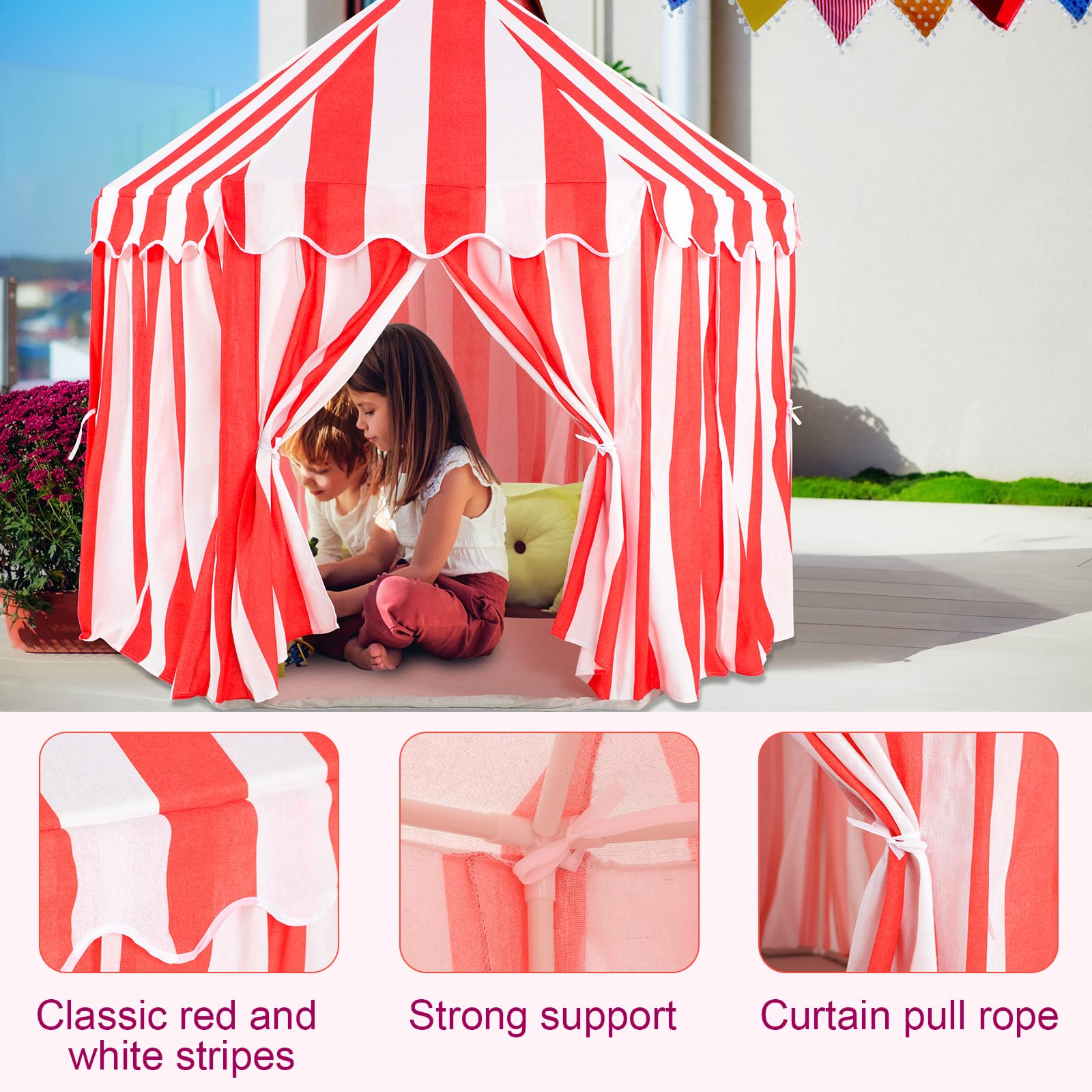 Tienda de campaña grande para niños, 55 x 53 pulgadas, casa de juegos para niños, tienda de campaña a rayas rojas y blancas para carnaval, suministros para jugar y juegos, juguetes de 4