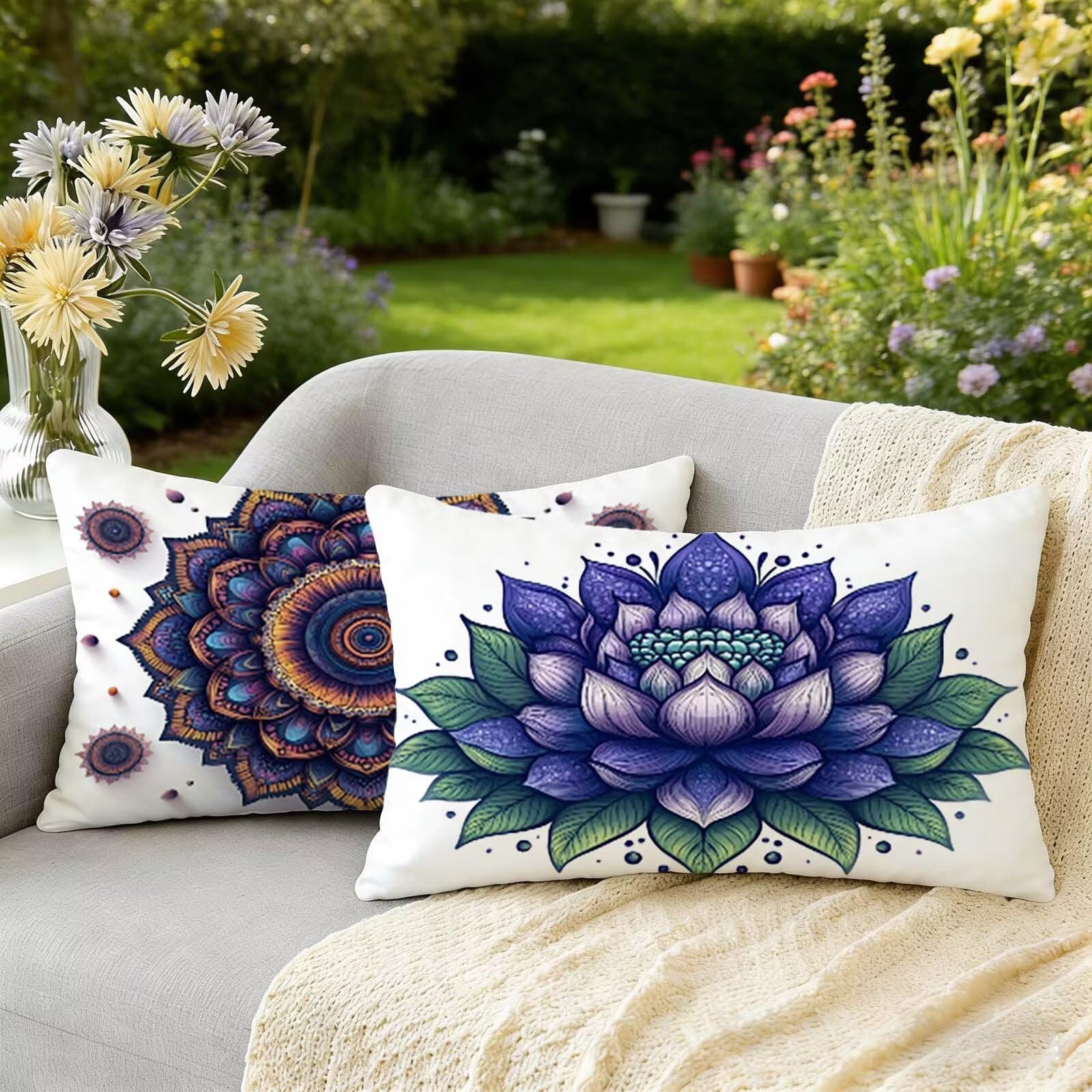 Coussin exterieur impermeable violet 25x45 cm lot de 2 en lin pour deco canape