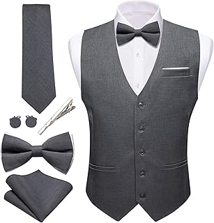 Mens Suit Vest Linen Formal/Casual V-neck Waistcoat Tie Bow Tie Set Solid Color 6PC Wedding Party Tuxedo