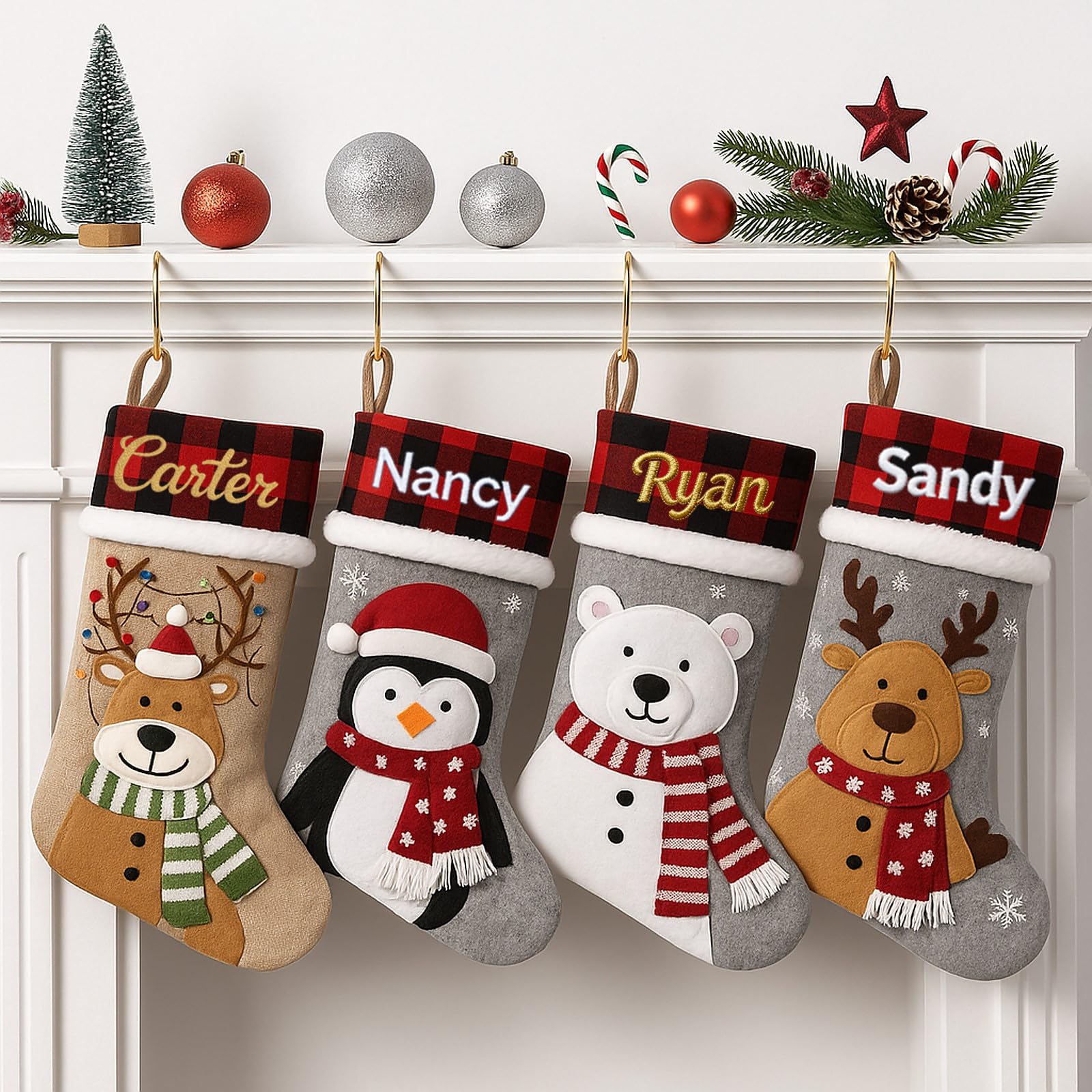 Personalised Christmas Stockings,Custom Name Family Christmas Stocking,16.5inch Large Xmas Stockings with Embroidered Name,Santa,Polar Bear Penguin Xmas Stocking Christmas Decor(Style 3-5 pack) — image 1