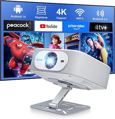 Salange Beamer Unterstützt 4K [Native 1080P |Integrierte App| Android 14], Smart Beamer mit WiFi6 und Bluetooth 5.4, Garten Projektor Tragbarer Elektronischer Fokus & Auto Korrektur Heimkino 180°Dreh