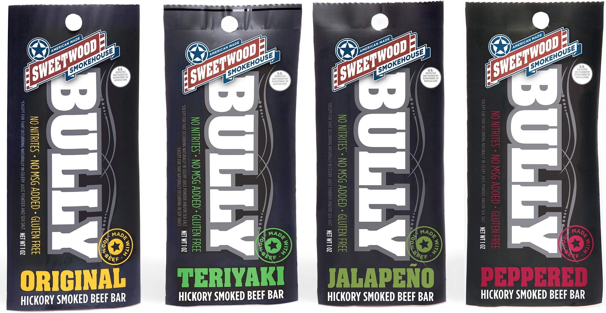 Sweetwood Smokehouse Smoked Beef Stick | Bully Bar | Variety Pack | 5 Pack of 1 oz Bags | USA Grass Fed Beef | Keto Friendly, Paleo, Hickory Smoked, Gluten Free Snack | No Nitrates, No Added MSG